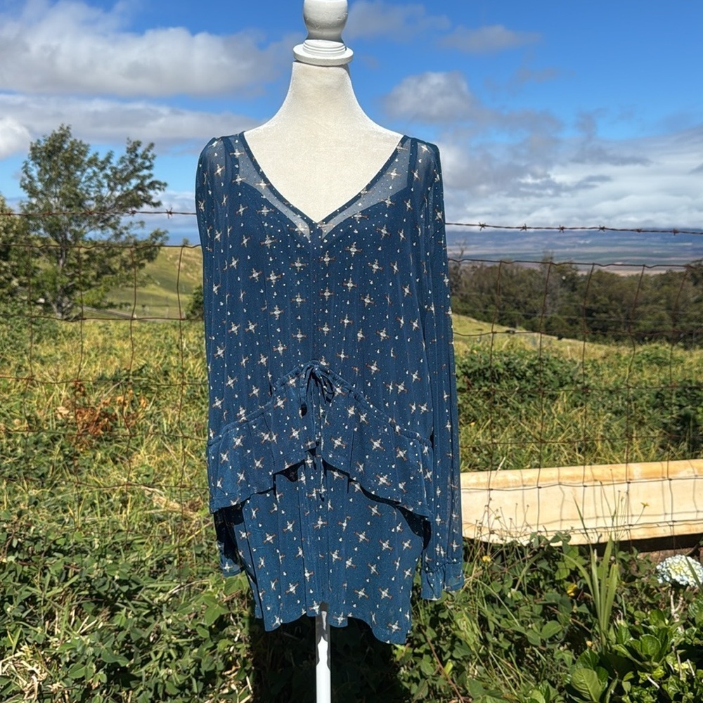 Style & Co. Womens Teal Mesh Printed Ruffle Front Tunic Top 3X NWOT